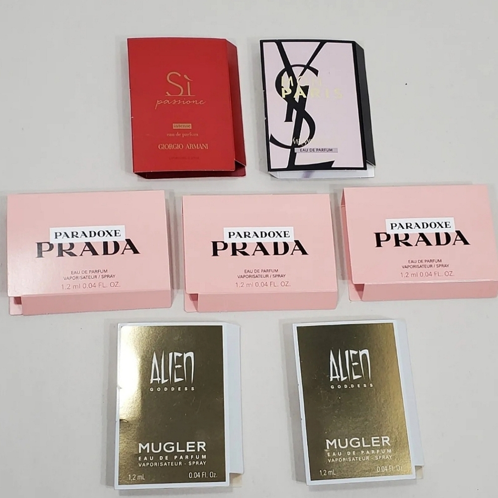 Designer Perfume Sample Sprays Wmns 7pcs Prada Paradoxe YSL Armani Alien Goddess